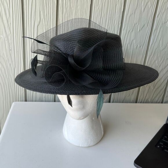 VTG Black Wide Brim Hat Mesh & Feather Trim Formal Church Derby Tea - Picture 1 of 12